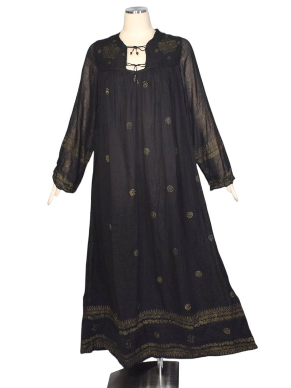 Vintage 1970s Oh Calcutta Black Cotton Dress Metallic Moth Butterfly Print L